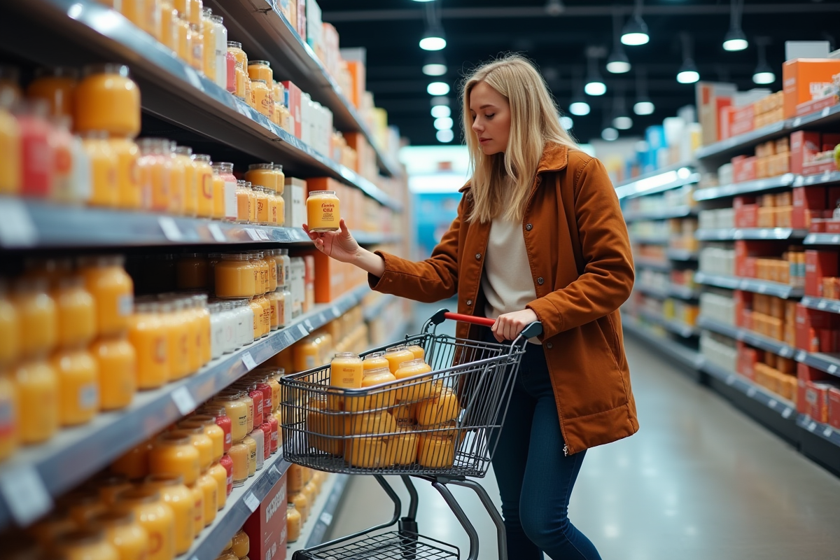 Client achetant une bougie dans un supermarché lumineux