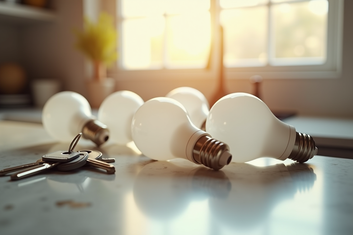 Ampoules et clés sur un plan de travail lumineux