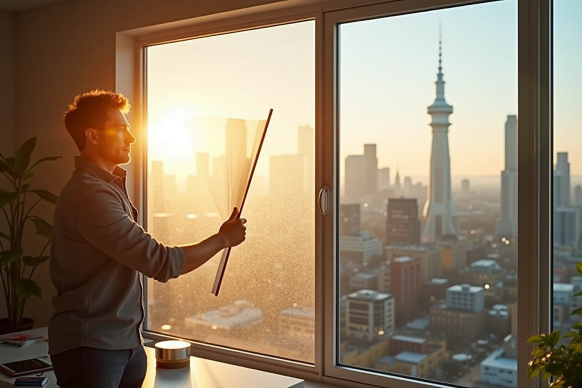 Personne appliquant film réfléchissant sur une grande fenêtre de bureau