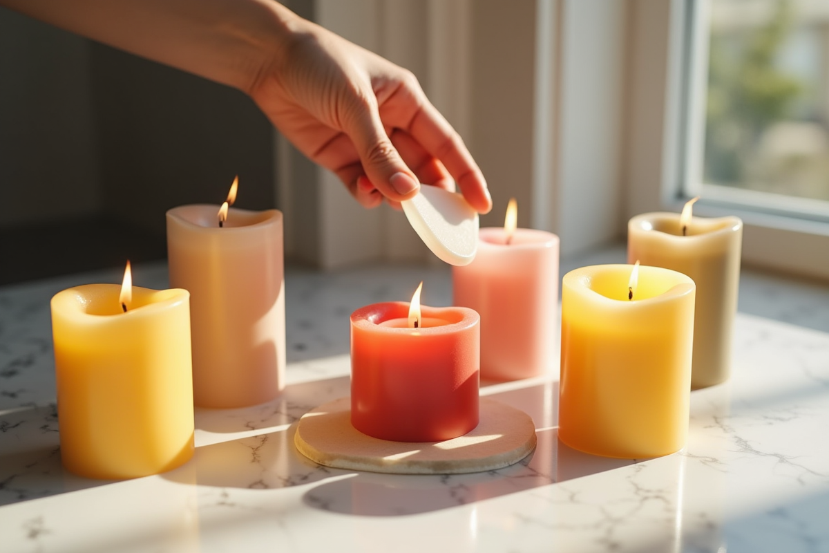 Plusieurs bougies colorées sur un plan de cuisine en marbre