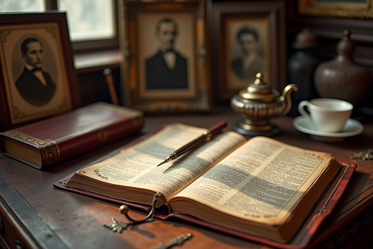Bureau ancien avec livre et portraits en sepia