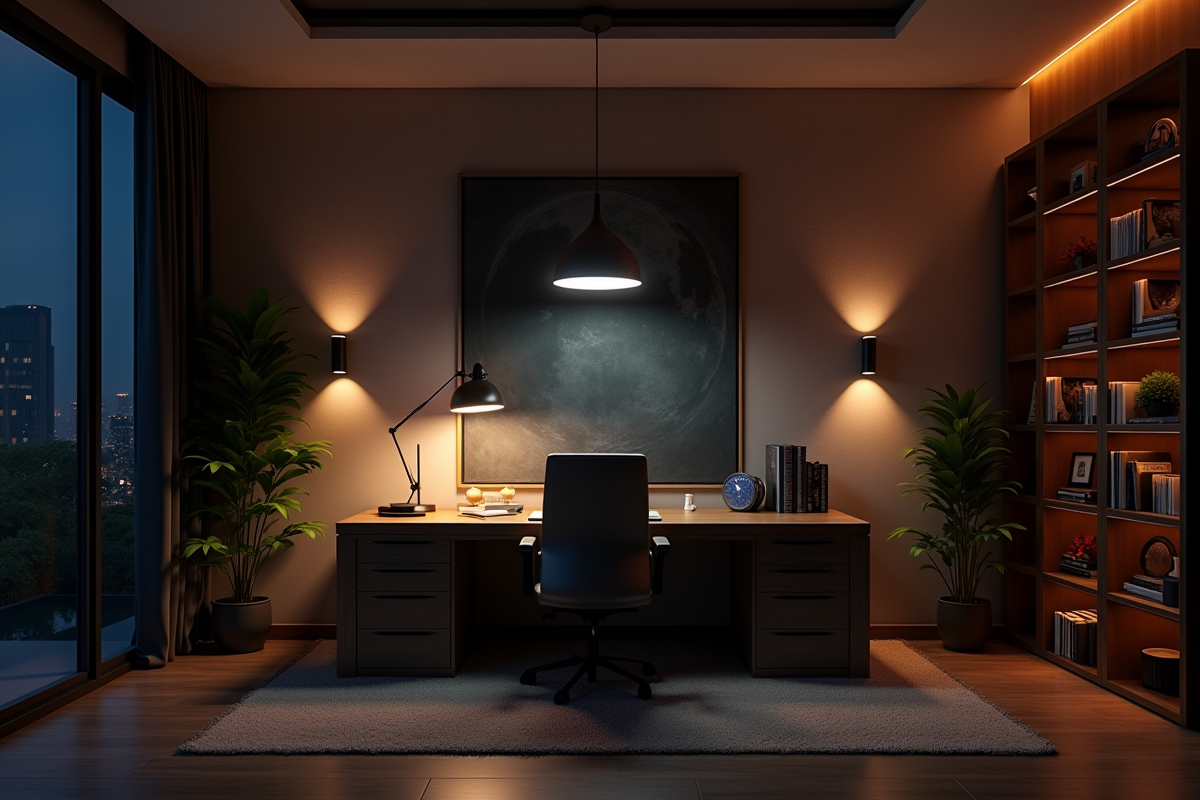 Bureau contemporain avec éclairage chaud la nuit
