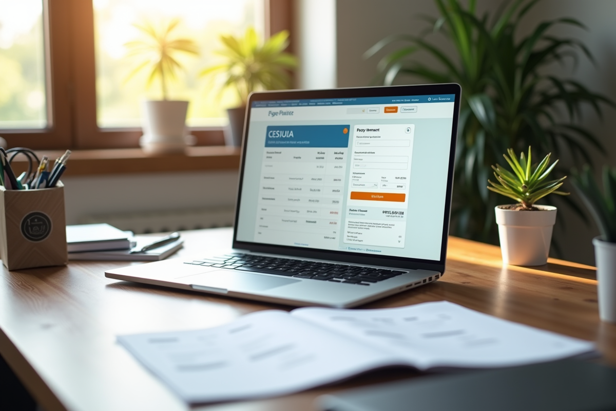 Bureau avec ordinateur affichant une interface de paiement CESU et factures