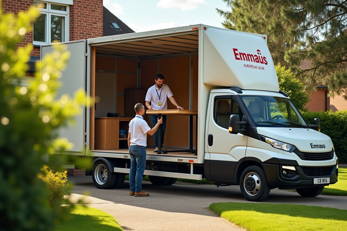 Camion Emmaüs garé devant une maison avec bénévole chargeant une table en bois