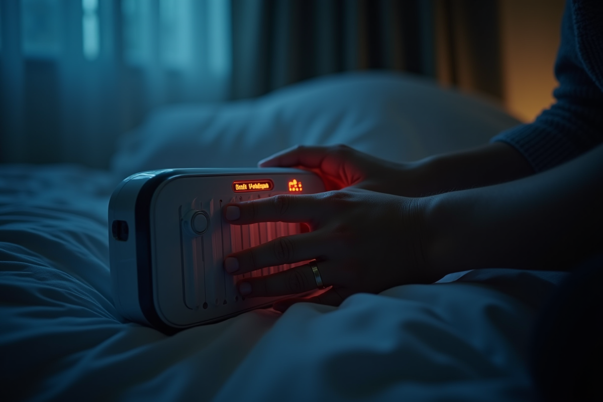 Personne ajustant chauffage infrarouge dans chambre nuit