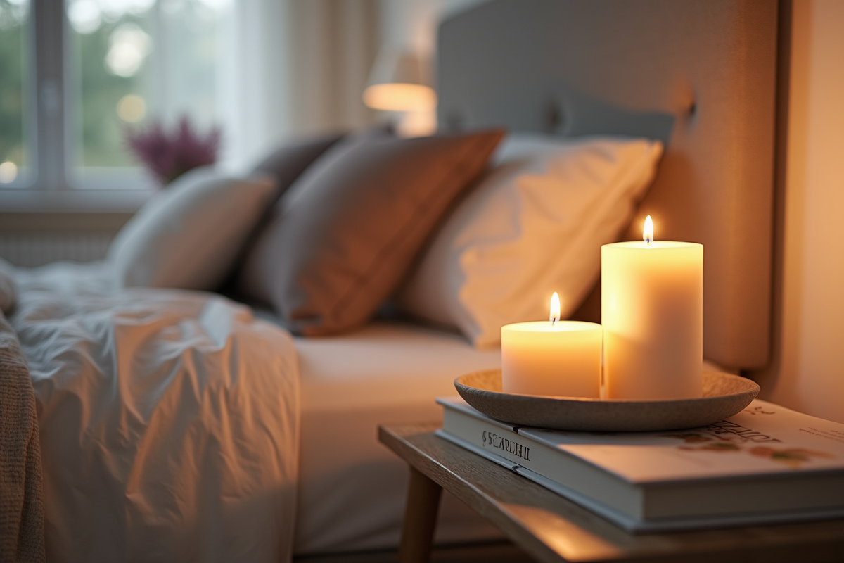 Chambre scandinave avec bougies allumées et ambiance douce