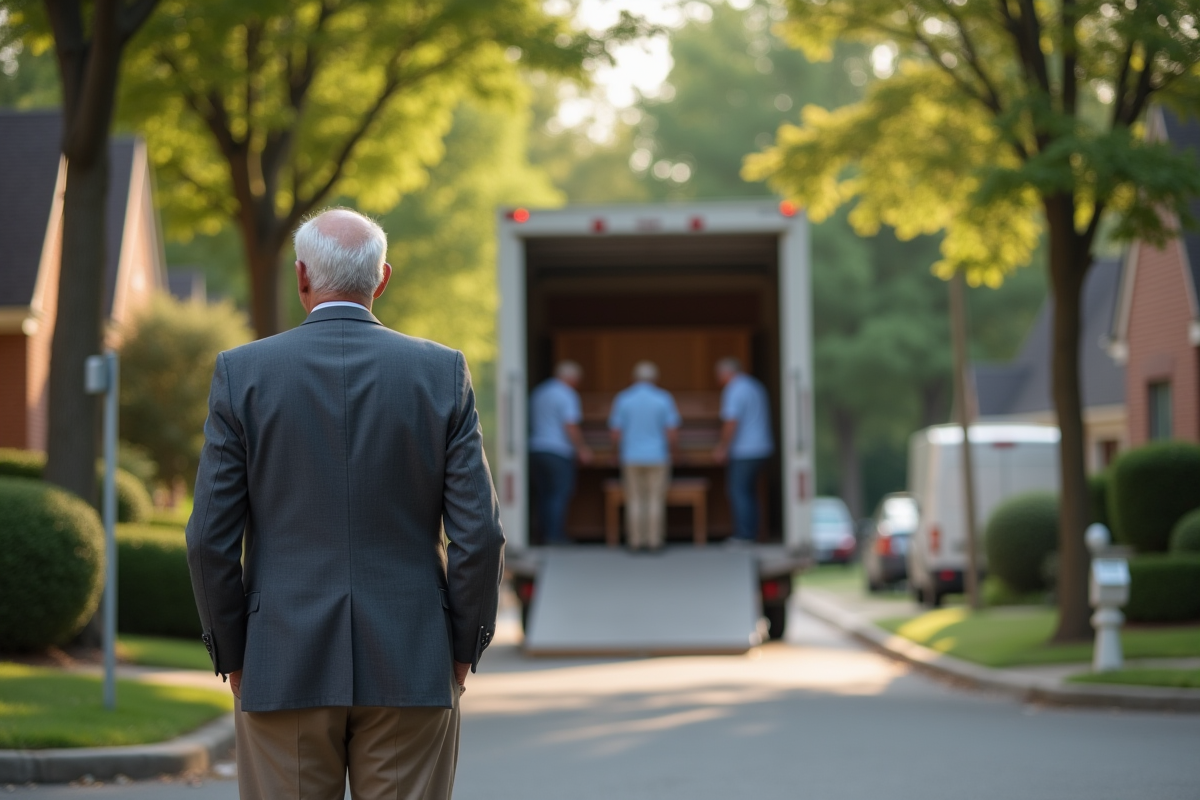Un homme regardant des déménageurs charger un piano dans un camion
