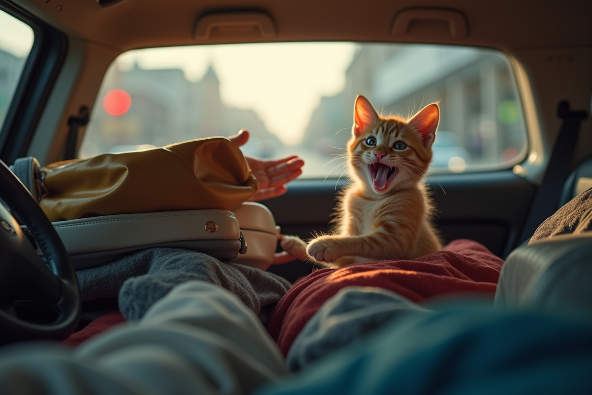 Chat anxieux dans une voiture avec bagages et personne