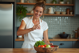 Chef femme en cuisine moderne salant des légumes frais