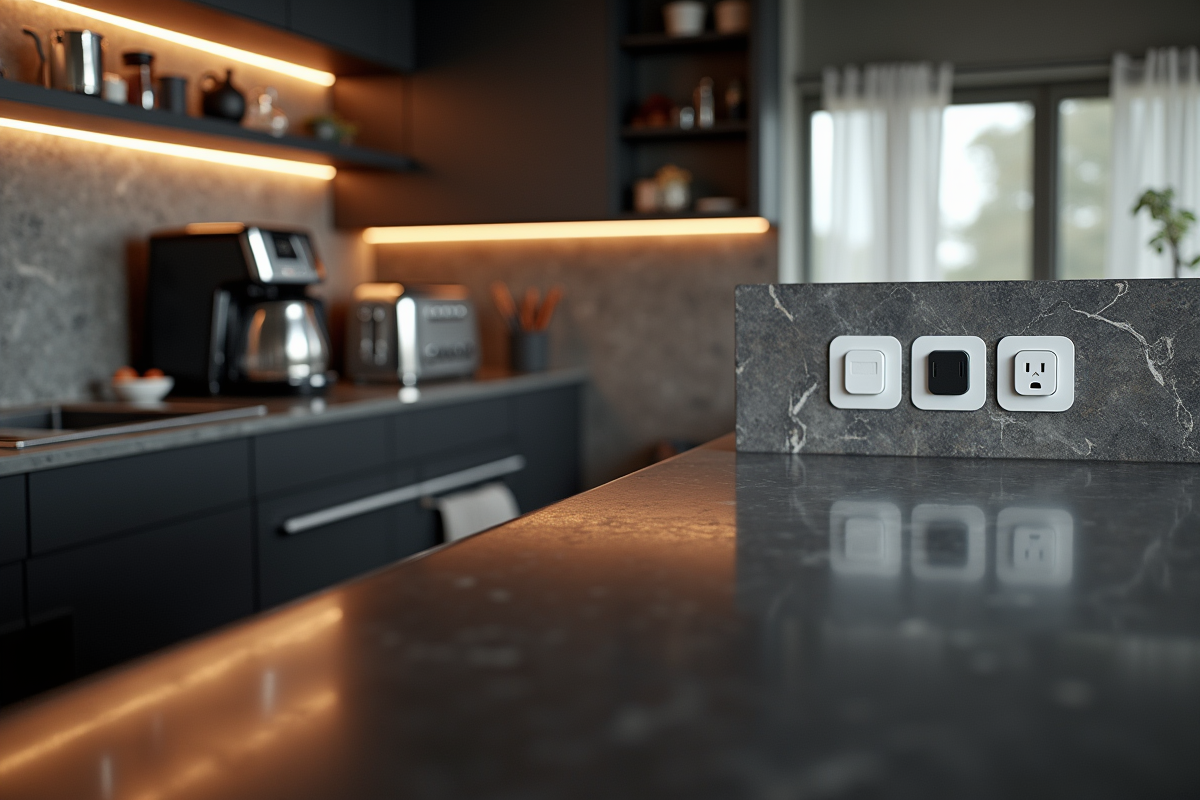 Coin cuisine avec appareils et prises intégrées sous lumière naturelle