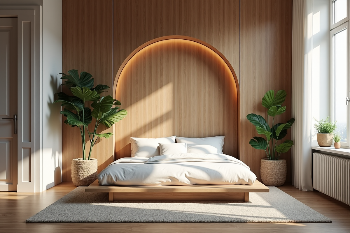 Espace de sommeil créatif dans un loft avec lit minimaliste et plantes