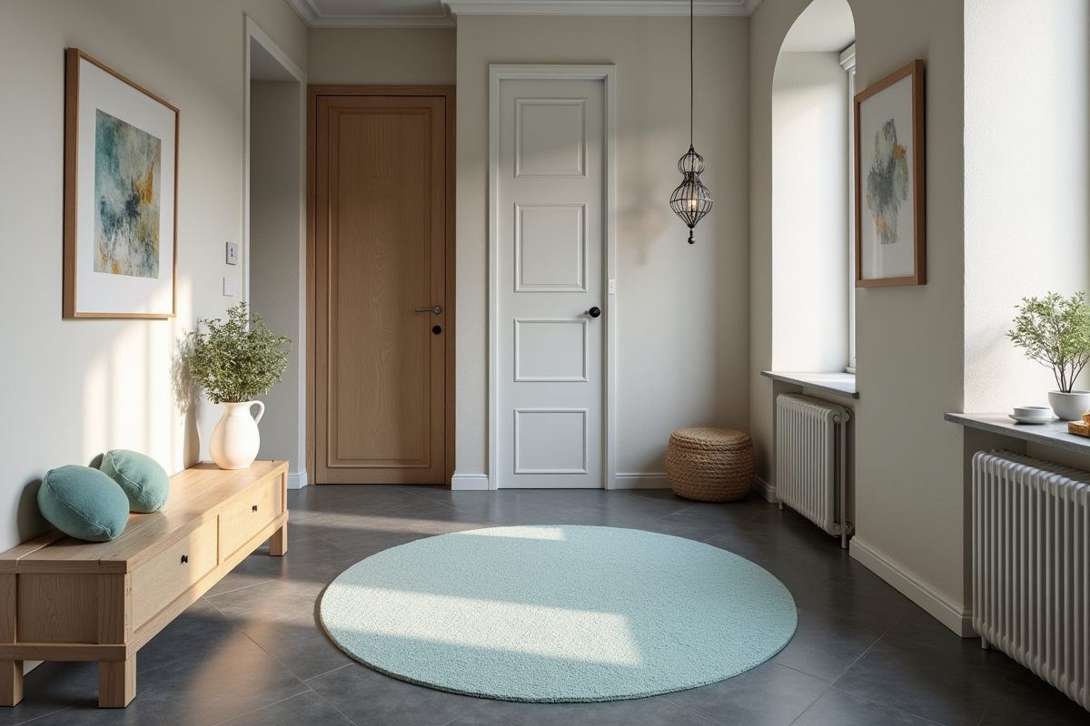 Couloir scandinave avec tapis pastel bleu et décoration contemporaine