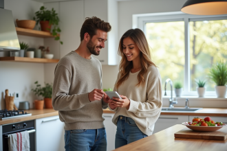 Jeune couple dans une cuisine connectee moderne
