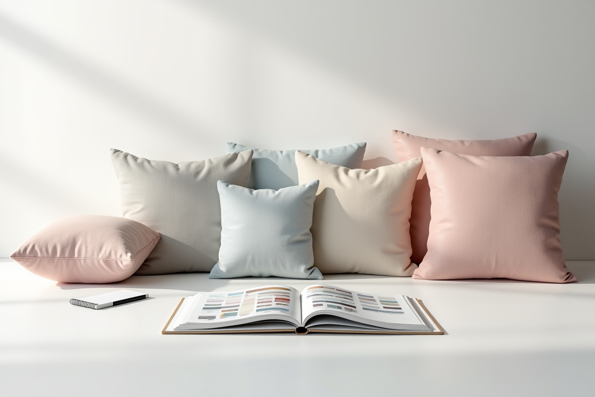 Coussins décoratifs variés sur une table blanche avec échantillons de tissu