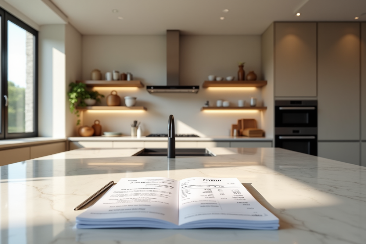 Cuisine luxueuse avec plans et appareils modernes en atmosphère lumineuse