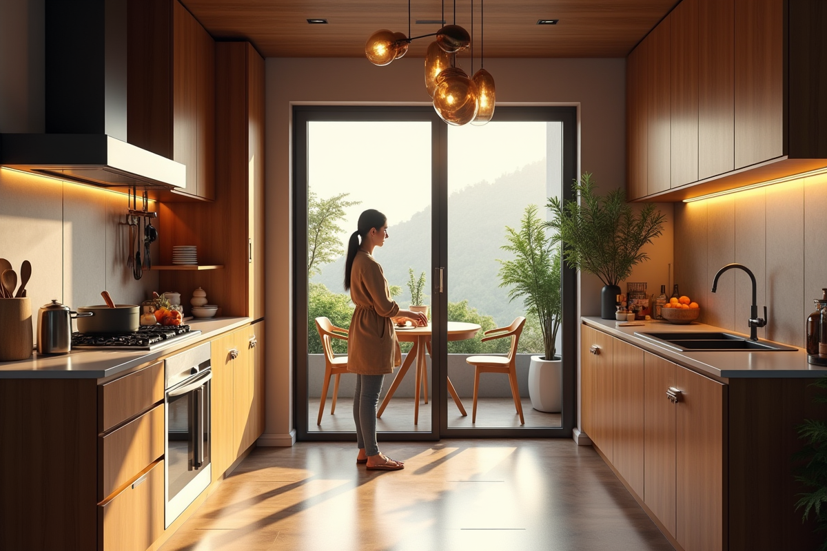 Cuisine fermée élégante avec bois et espace de cuisson