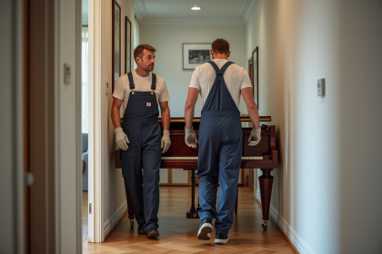 Deux d&eacute;m&eacute;nageurs portant un piano dans un appartement moderne