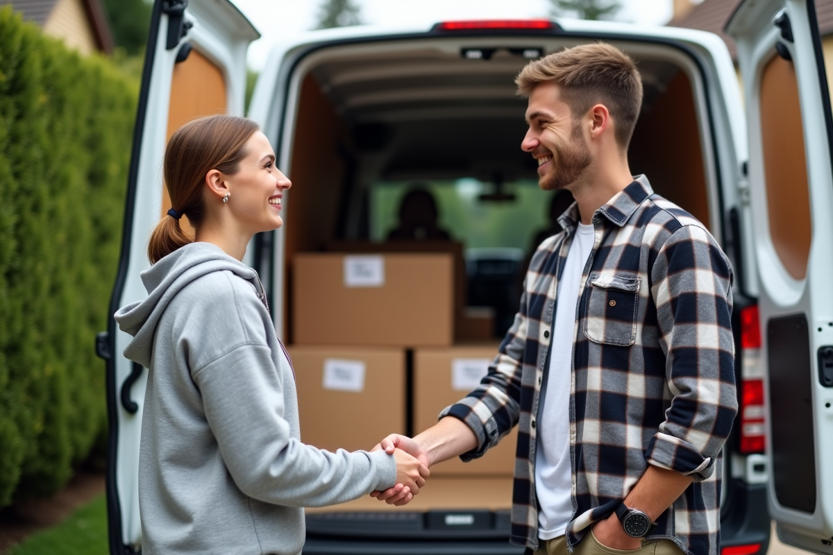 Homme et femme se serrant la main devant un van de déménagement