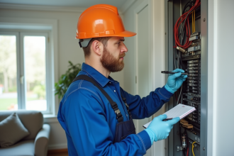 Électricien homme en bleu examinant un panneau électrique
