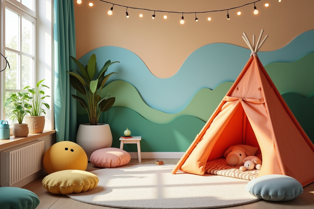 Espace de jeu coloré avec tente et coussins dans une chambre d