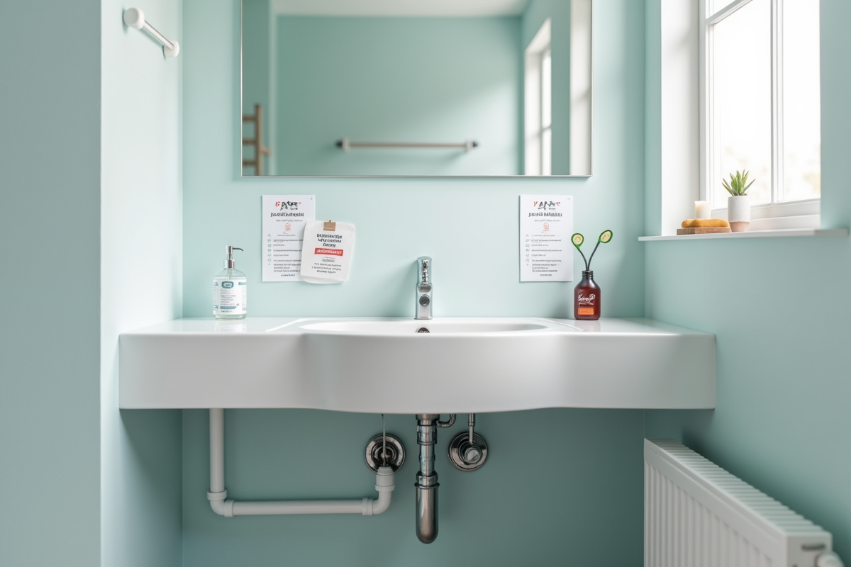 Evier de salle de bain avec siphon visible et conseils de prevention