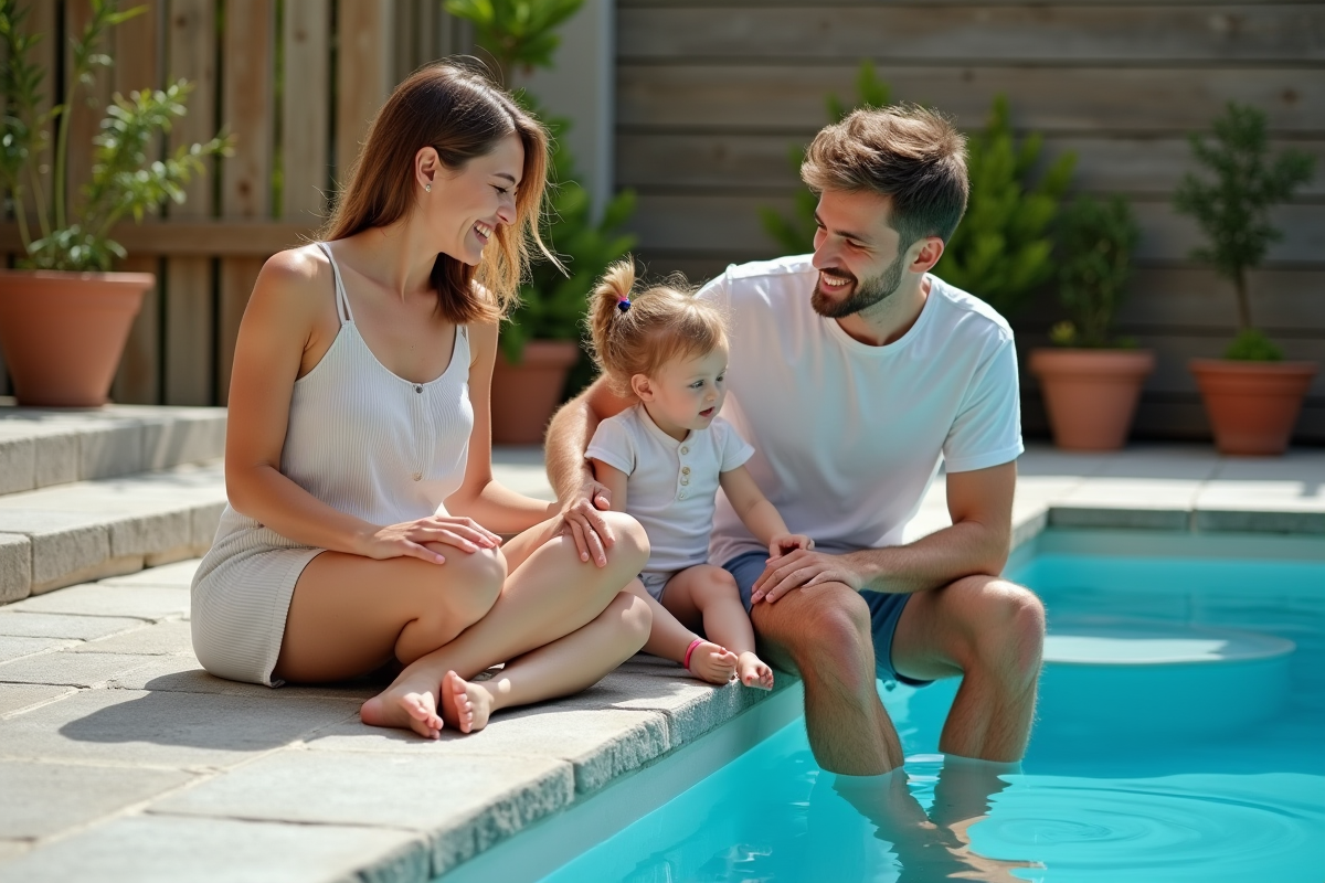 Famille souriante sur les marches de la piscine en été