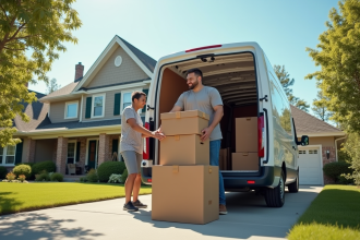 Famille chargeant des cartons dans une voiture blanche en extérieur