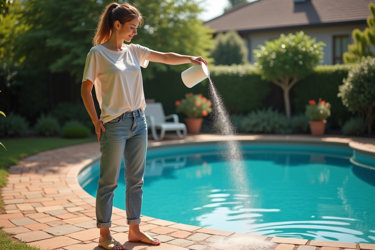 Femme versant de la poudre dans la piscine