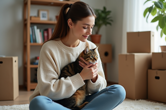 Jeune femme avec chat dans un salon cosy