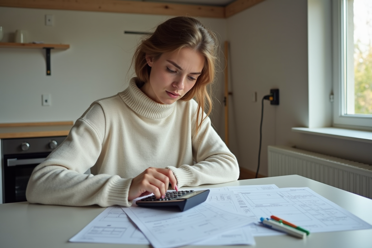 Jeune femme étudie un devis électrique dans la cuisine