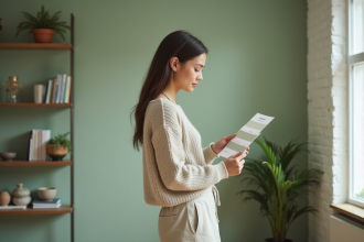 Femme tenant un nuancier de peinture dans un salon vert sage