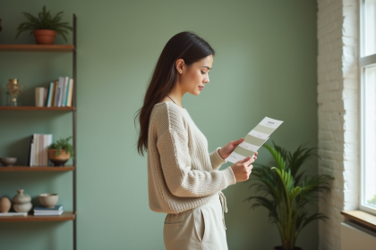 Femme tenant un nuancier de peinture dans un salon vert sage