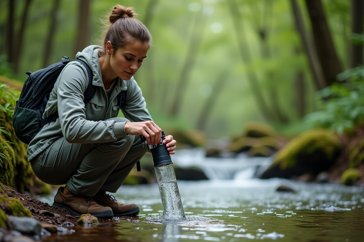Femme filtrant de l'eau dans la nature avec un filtre portable