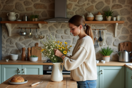 Femme arrangeant un bouquet de fleurs dans une cuisine rustique