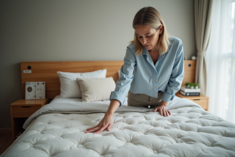 Femme inspectant un matelas dans une chambre moderne