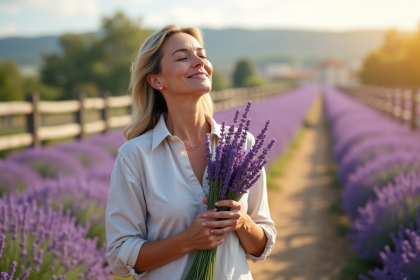 Femme d&eacute;tendue tenant de la lavande en champ ensoleille