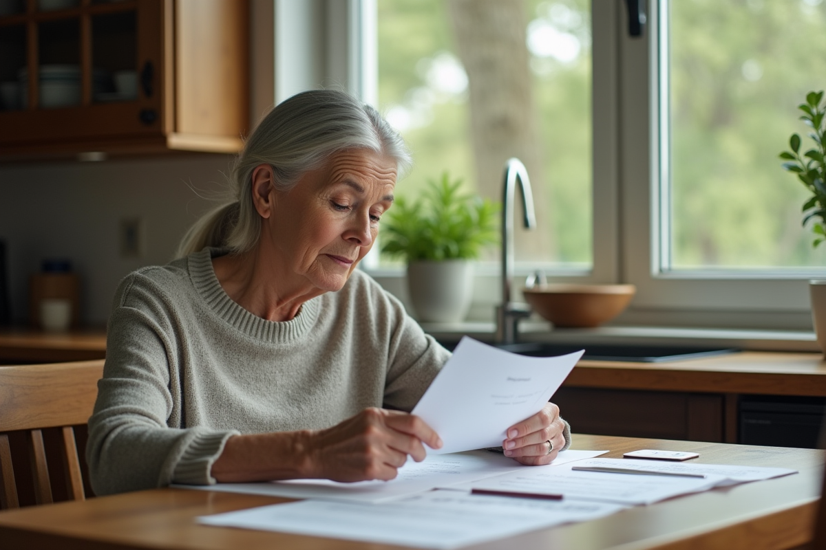 Femme mature à la cuisine examinant des documents et une facture