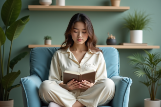Jeune femme lisant dans un salon moderne et apaisant