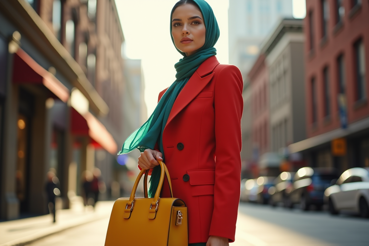 Femme élégante portant veste rouge et foulard teal en ville