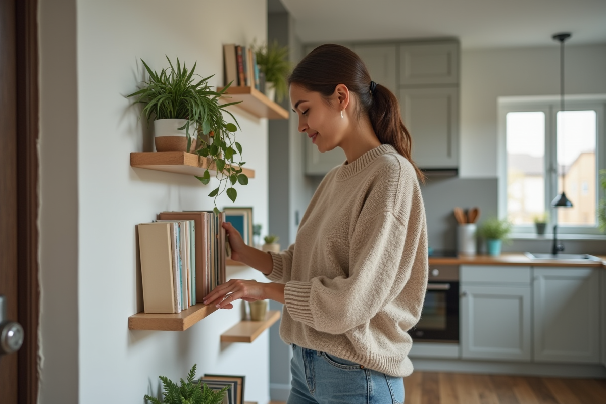 Jeune femme organisant livres et plantes dans un salon moderne