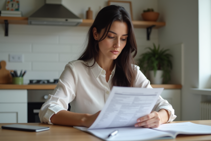 Femme v&eacute;rifiant ses papiers fiscaux &agrave; la maison