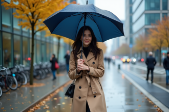 Femme en trench beige tenant un parapluie bleu en ville automnale