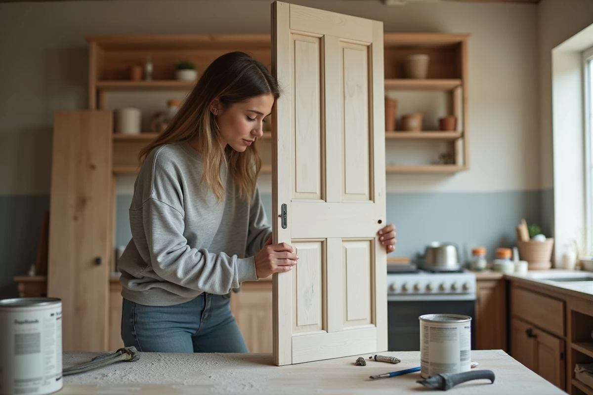 Femme examinant une porte en bois poncée dans son atelier