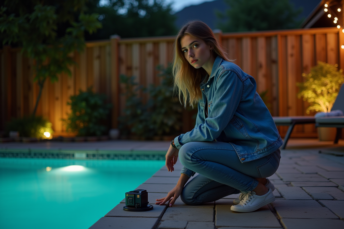 Jeune femme observant la pompe de la piscine la nuit