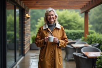 Femme avec imperméable sous pergola en pluie fine