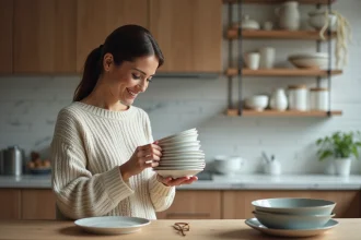 Femme dans une cuisine moderne rangeant des assiettes en céramique