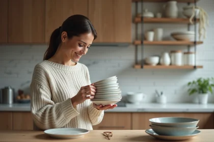 Femme dans une cuisine moderne rangeant des assiettes en c&eacute;ramique