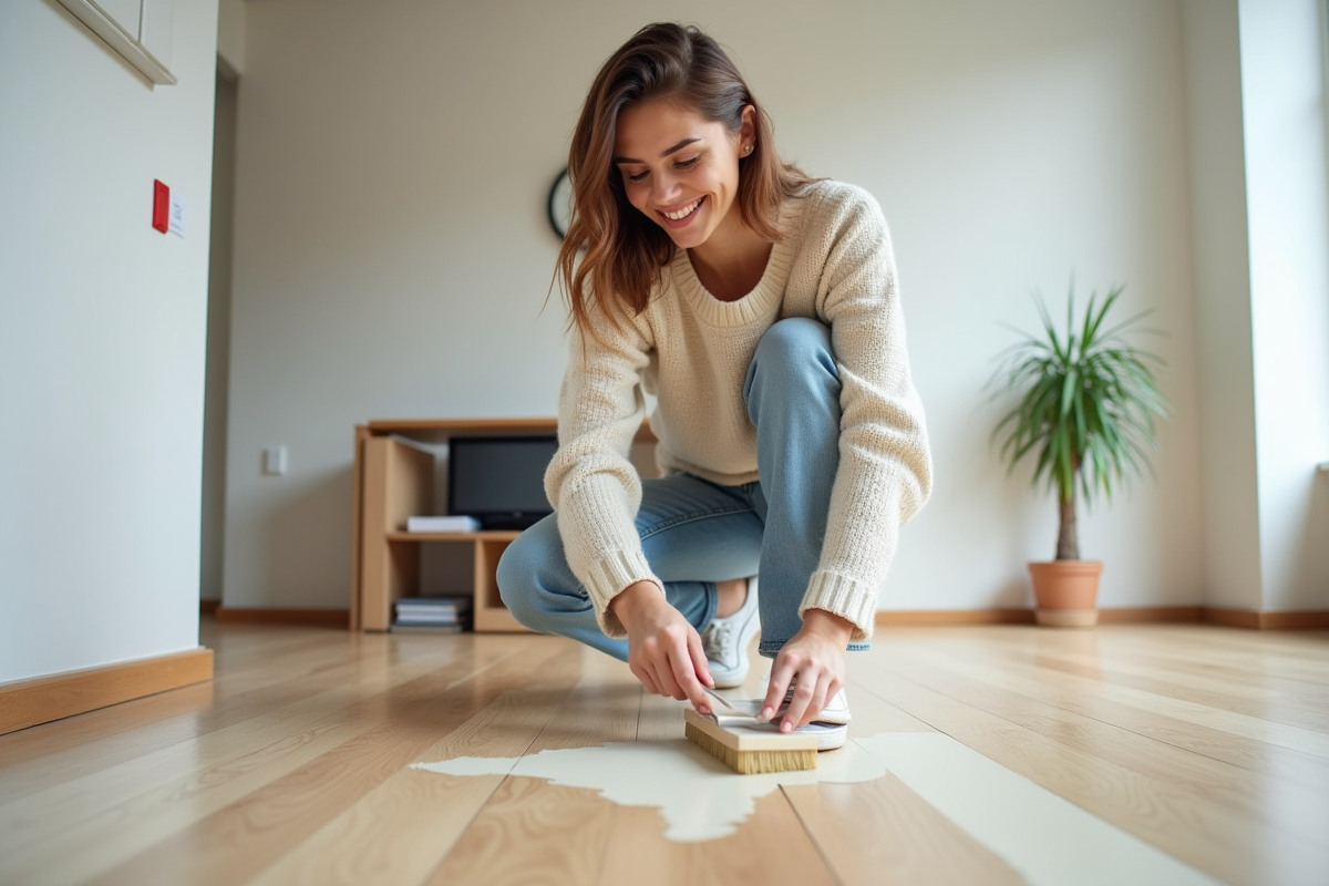 Jeune femme appliquant une couche de finition sur un sol en bois