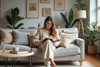 Jeune femme souriante dans un salon cosy et lumineux