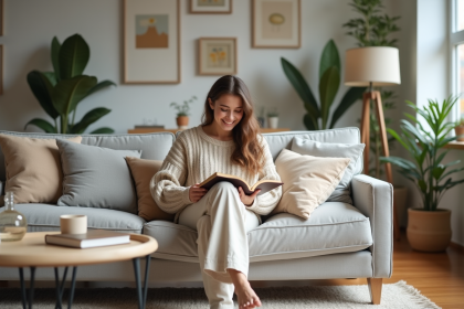 Jeune femme souriante dans un salon cosy et lumineux